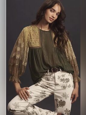 Anthropologie Bl-nk Charisha Lace-Sleeve Top